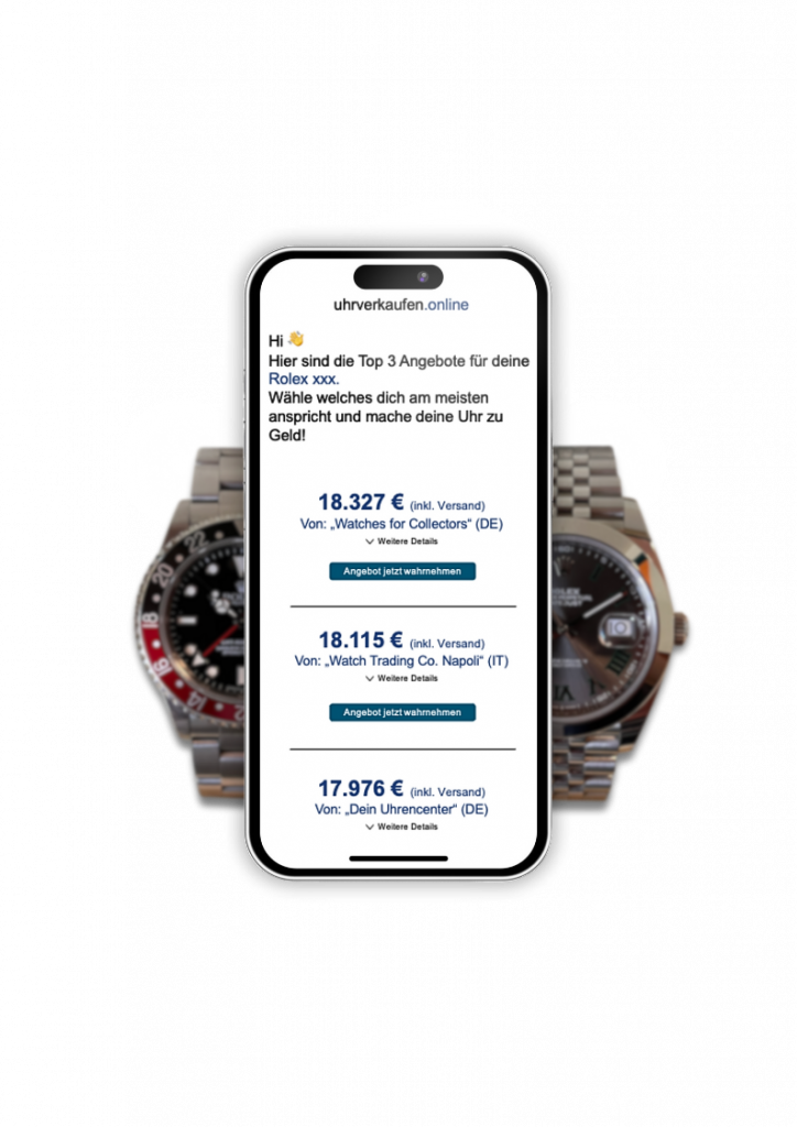 Top 3 Angebote zum Uhr verkaufen auf uhrverkaufen.online – direkt auf dem Smartphone angezeigt mit Preisen geprüfter Händler